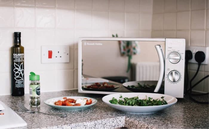 描述 : Two White Ceramic Plates Near Microwave On Counter Top